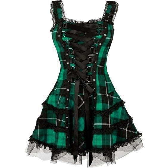 Dress Women Classic Frill Lace Dresses Sleeveless Plaid Vintage Gothic Mini Dresses Ball Gowns Cosplay Costume Plus Size Dress - OhSaucy