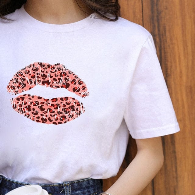 ZOGANKIN Summer Fashion Shirt Lips Leopard Graphic T Shirt Women Tops Base O-neckBlack Tees Kiss Leopard Lip Funny Girls Tshirt - OhSaucy