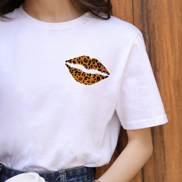 ZOGANKIN Summer Fashion Shirt Lips Leopard Graphic T Shirt Women Tops Base O-neckBlack Tees Kiss Leopard Lip Funny Girls Tshirt - OhSaucy