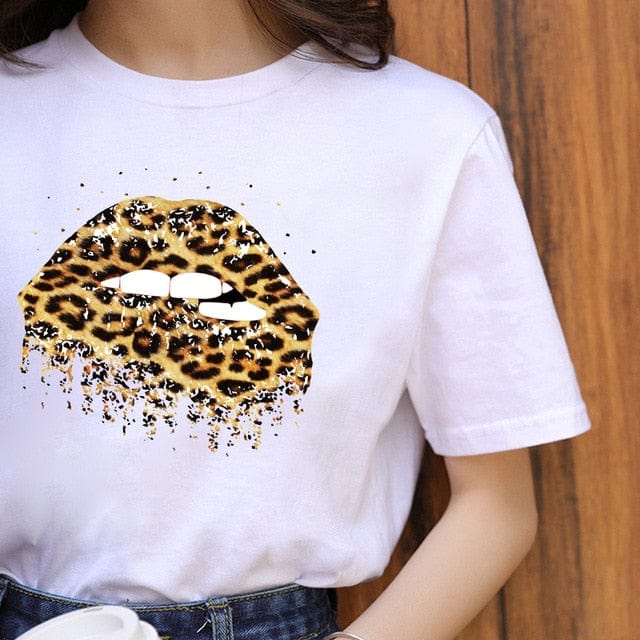 ZOGANKIN Summer Fashion Shirt Lips Leopard Graphic T Shirt Women Tops Base O-neckBlack Tees Kiss Leopard Lip Funny Girls Tshirt - OhSaucy