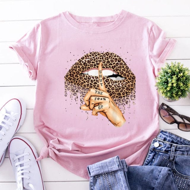 ZOGANKIN Summer Fashion Shirt Lips Leopard Graphic T Shirt Women Tops Base O-neckBlack Tees Kiss Leopard Lip Funny Girls Tshirt - OhSaucy