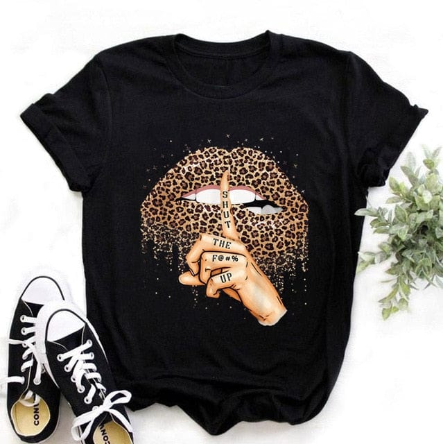 ZOGANKIN Summer Fashion Shirt Lips Leopard Graphic T Shirt Women Tops Base O-neckBlack Tees Kiss Leopard Lip Funny Girls Tshirt - OhSaucy