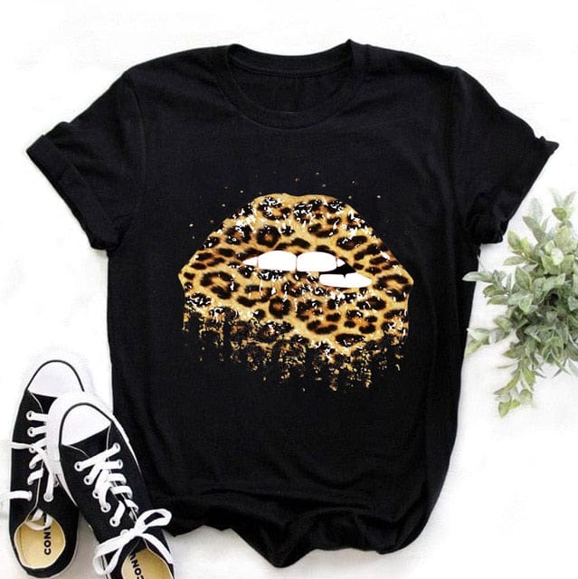 ZOGANKIN Summer Fashion Shirt Lips Leopard Graphic T Shirt Women Tops Base O-neckBlack Tees Kiss Leopard Lip Funny Girls Tshirt - OhSaucy