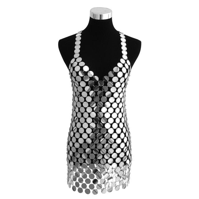 Oh Saucy Party Silver Color Sexy Metal Sequin 1960's Vintage Style Tunic Dress