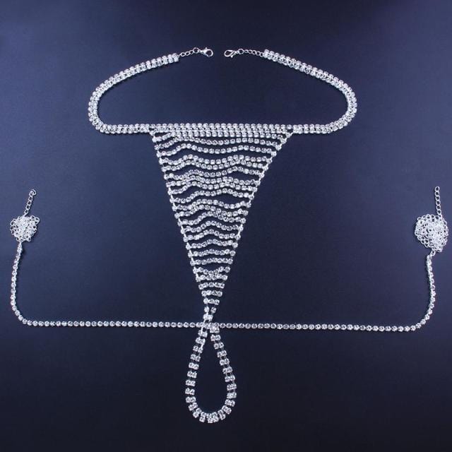 Women Rhinestone Underwear Body Chain, Crystal Belly Waist Chain Thong
