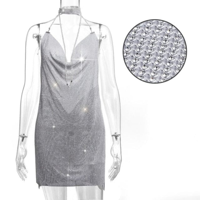 Oh Saucy Sexy See through Rhinestone | Metal Chainmail | Glitter Mini Dress | Backless Sequins Luxury Party Dress