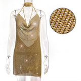 Oh Saucy Gold AB / XS Sexy See through Rhinestone | Metal Chainmail | Glitter Mini Dress | Backless Sequins Luxury Party Dress