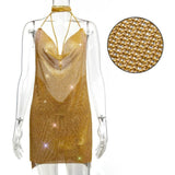 Oh Saucy Gold / S Sexy See through Rhinestone | Metal Chainmail | Glitter Mini Dress | Backless Sequins Luxury Party Dress