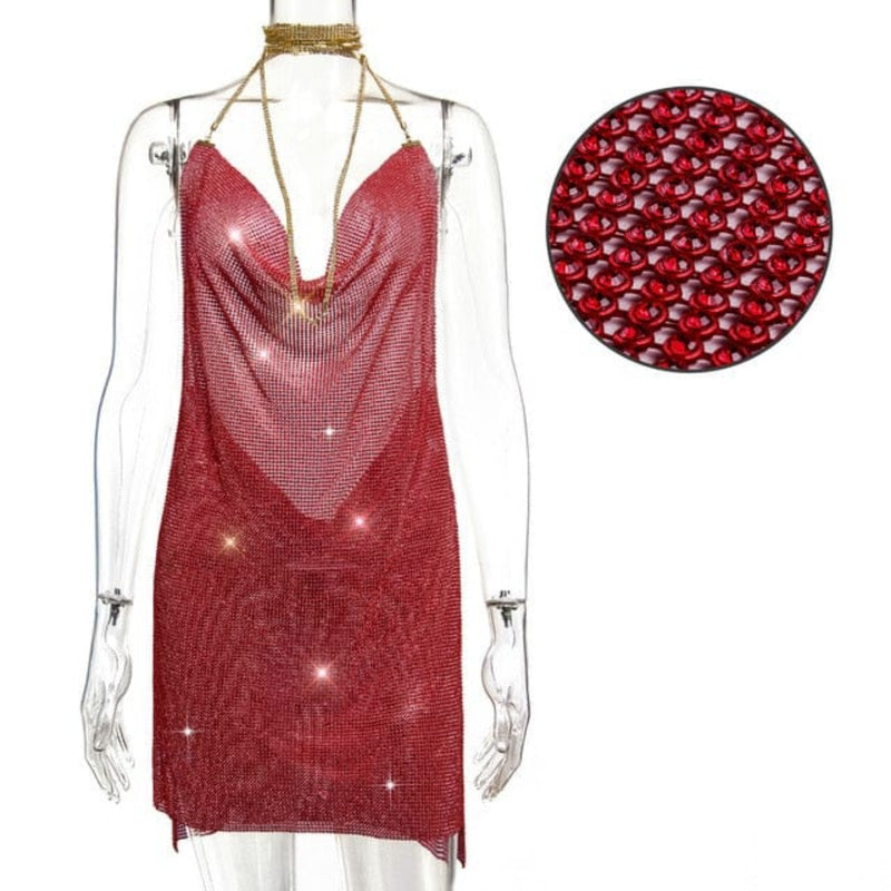 Oh Saucy Red / XS Sexy See through Rhinestone | Metal Chainmail | Glitter Mini Dress | Backless Sequins Luxury Party Dress