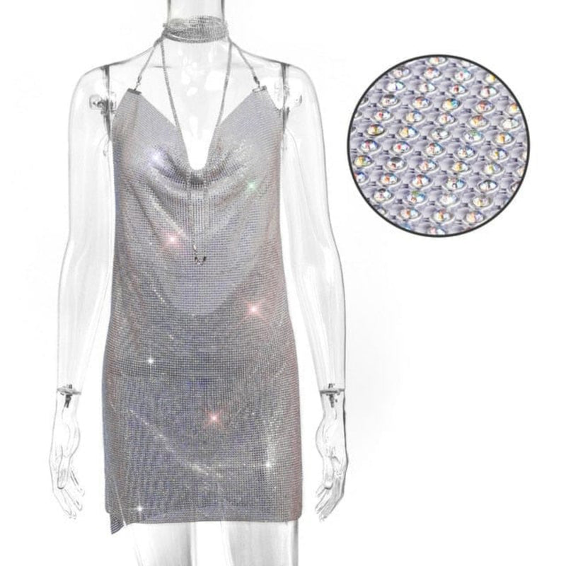Oh Saucy Silver / S Sexy See through Rhinestone | Metal Chainmail | Glitter Mini Dress | Backless Sequins Luxury Party Dress