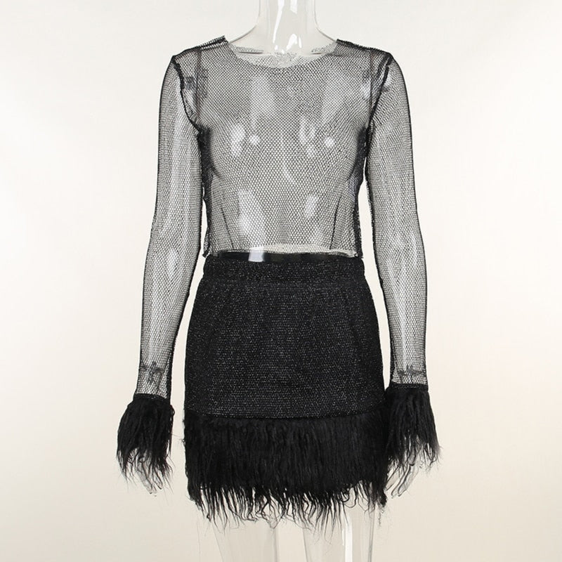 OHS dress Black / S Sexy Shiny See-through Mesh Feather Long Sleeve O-neck Bodycon Party Night