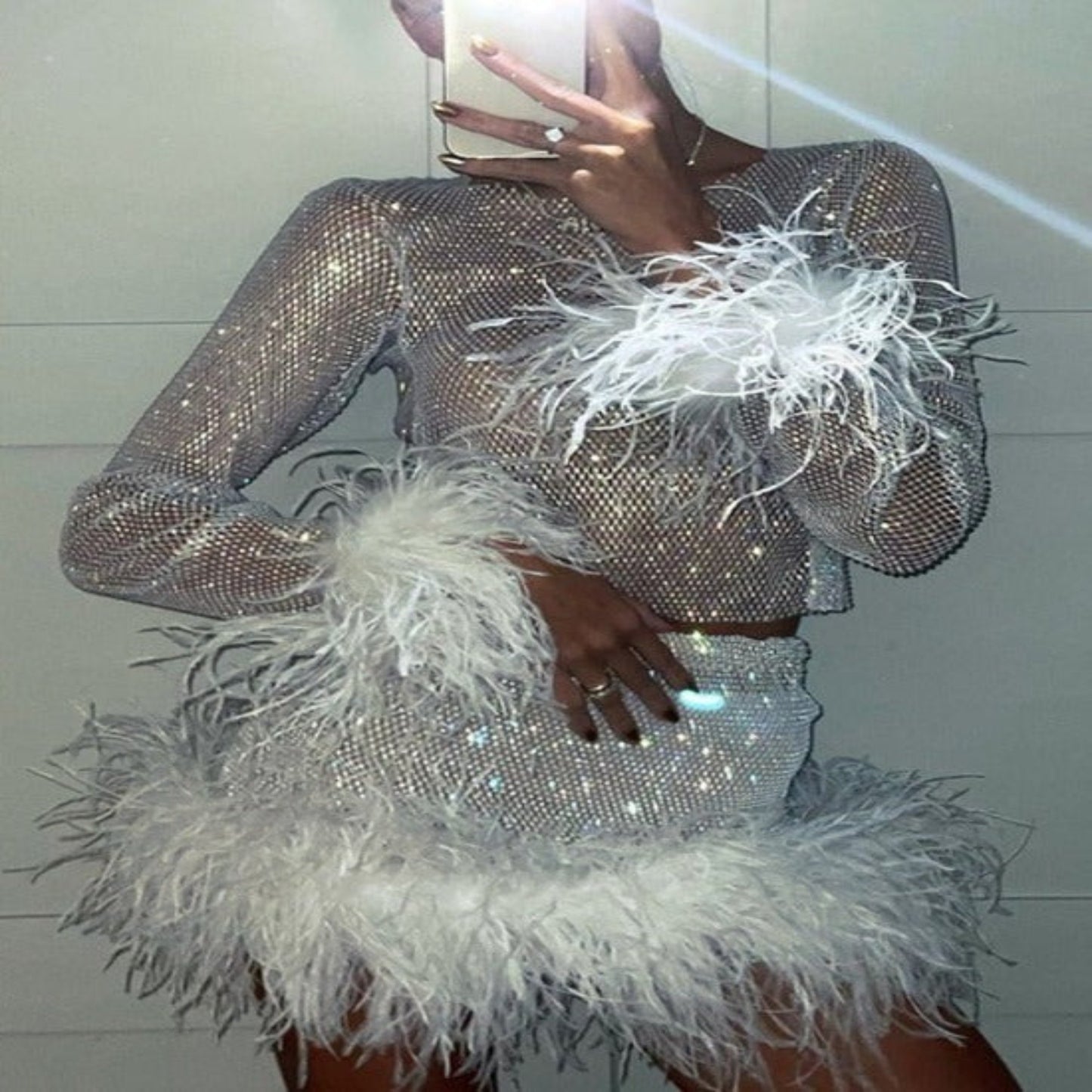 OHS dress Sexy Shiny See-through Mesh Feather Long Sleeve O-neck Bodycon Party Night