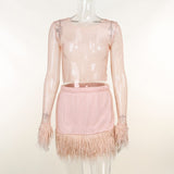 OHS dress Pink / S Sexy Shiny See-through Mesh Feather Long Sleeve O-neck Bodycon Party Night