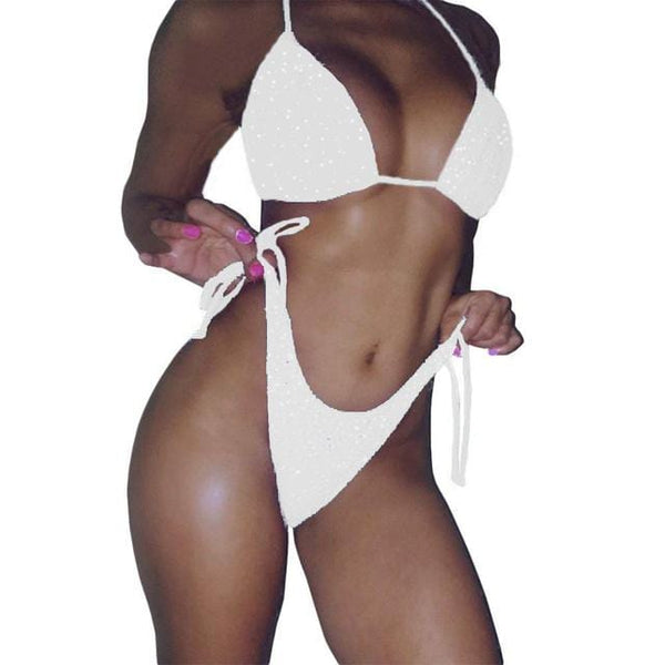 2 Pcs One Size Adjustable Women Bling Sequins Push-up Bra Bandage Bikini Set String Swimsuit e Swimwear Bathing Clothing - OhSaucy