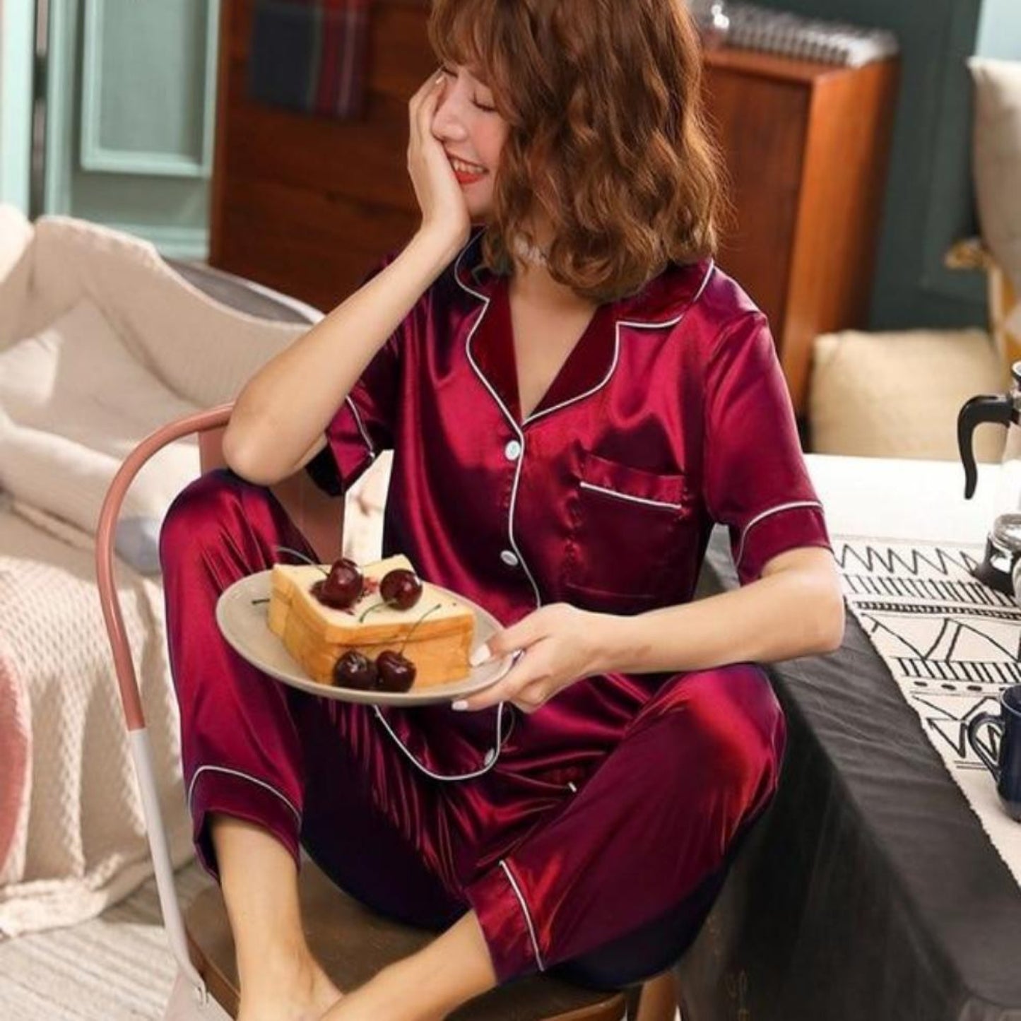 OhSaucy Wine red / XXXL Silk Satin Pyjamas Set to XXXXXL Luxurylifestyle