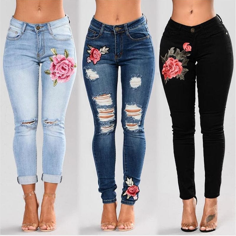 Oh Saucy Apparel & Accessories Stretch Jeans Embroidered For Women Denim Ripped Rose Pattern
