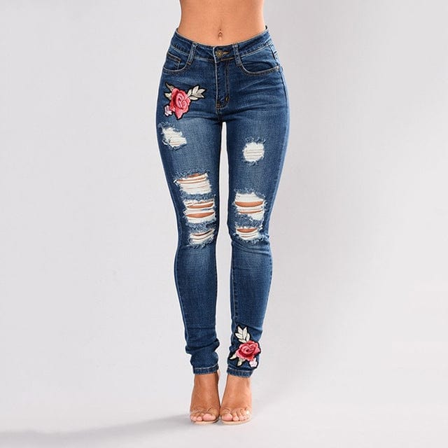 Oh Saucy Apparel & Accessories dark blue / S Stretch Jeans Embroidered For Women Denim Ripped Rose Pattern