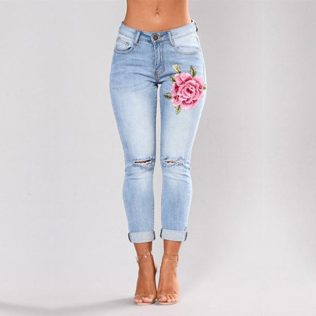 Oh Saucy Apparel & Accessories sky blue / S Stretch Jeans Embroidered For Women Denim Ripped Rose Pattern