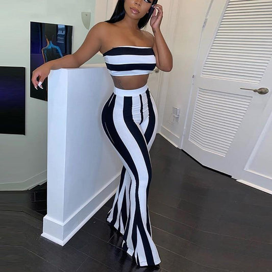 Striped 2 piece Crop Top & Matching Flare Bottom Pants - OhSaucy