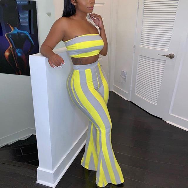 Striped 2 piece Crop Top & Matching Flare Bottom Pants - OhSaucy