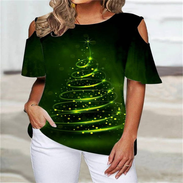 OHS seasonal CE3610501 / S / China T-shirt Christmas tree printed round neck cutout shoulder
