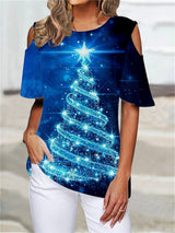 OHS seasonal CE3610551 / S / China T-shirt Christmas tree printed round neck cutout shoulder