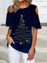 OHS seasonal CE3610571 / S / China T-shirt Christmas tree printed round neck cutout shoulder