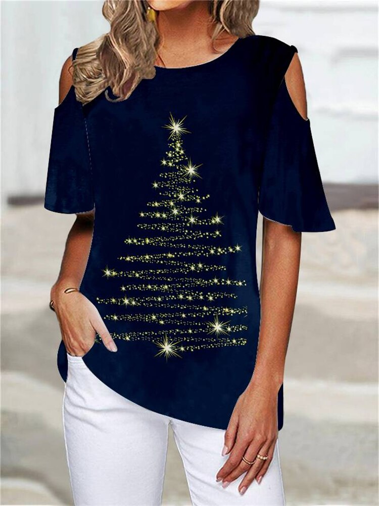 OHS seasonal T-shirt Christmas tree printed round neck cutout shoulder