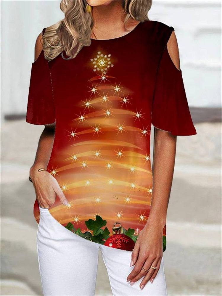 OHS seasonal T-shirt Christmas tree printed round neck cutout shoulder
