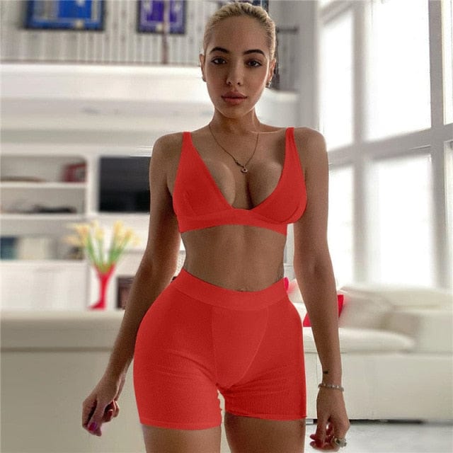 2 Piece Sexy Tank Crop Tops & High Waist Shorts 2021 - OhSaucy