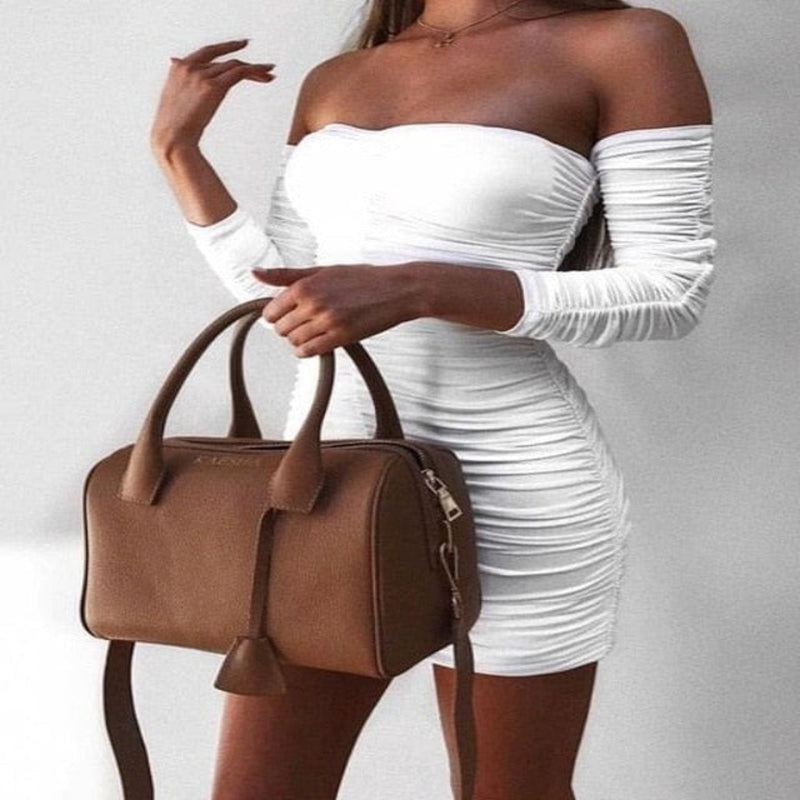 Oh Saucy white / L Trending Bandage Party Dress  - Sexy Off Shoulder - Long Sleeve - Slim Cut - Elastic Bodycon