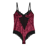 OHS lingerie Uber Sexy Velvet Bodysuit Burgundy or Green Plus Size Crotchless Lace Lingerie