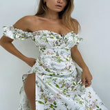 OHS dress White / S WannaThis Summer Floral Off Shoulder Puff Sleeve Maxi Dress For Woman Robe Sexy Lace Up Side Split Chic Mid-Calf Aesthetic Dress