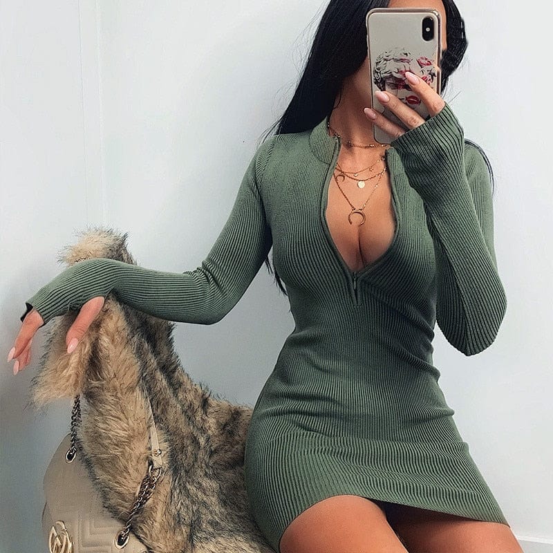 Oh Saucy Winter Bodycon Ribbed Dress | Stand Collar | Zipper Front | Deep V-neck | Stretch Bodycon | Mini Party Dress
