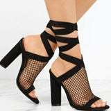 OhSaucy Shoes Black / 34 Women Sandals Bandage Flock Cross Strap Lace Up High Heels Sandal