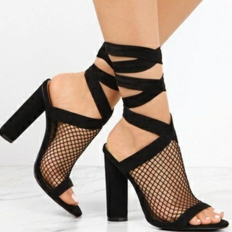 OhSaucy Shoes Women Sandals Bandage Flock Cross Strap Lace Up High Heels Sandal