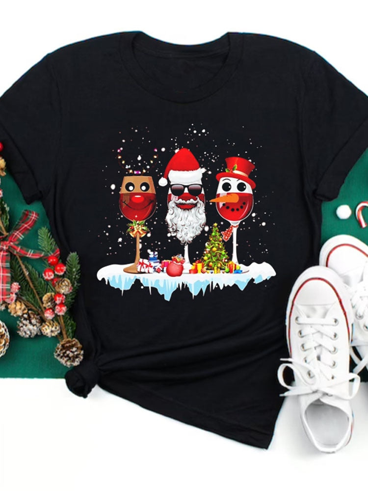 OHS seasonal T1064G-Black / S Women Wine Glass Christmas  T Shirt Christmas Xmas Gifts