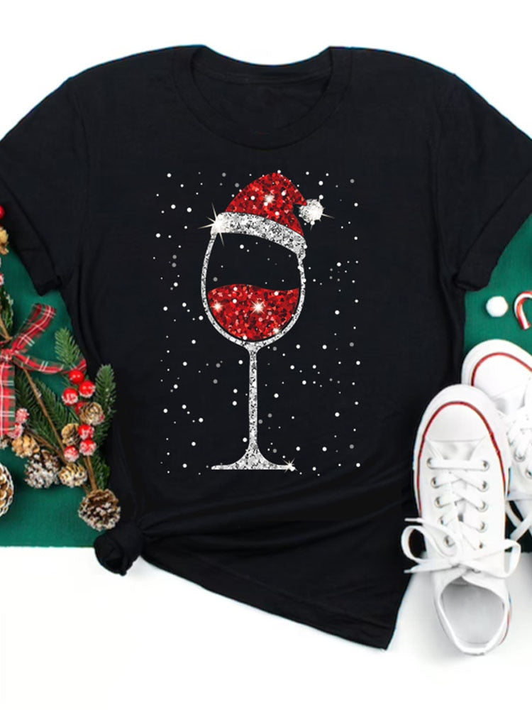 Oh Saucy seasonal T1064K-Black / S Women Wine Glass Christmas  T Shirt Christmas Xmas Gifts