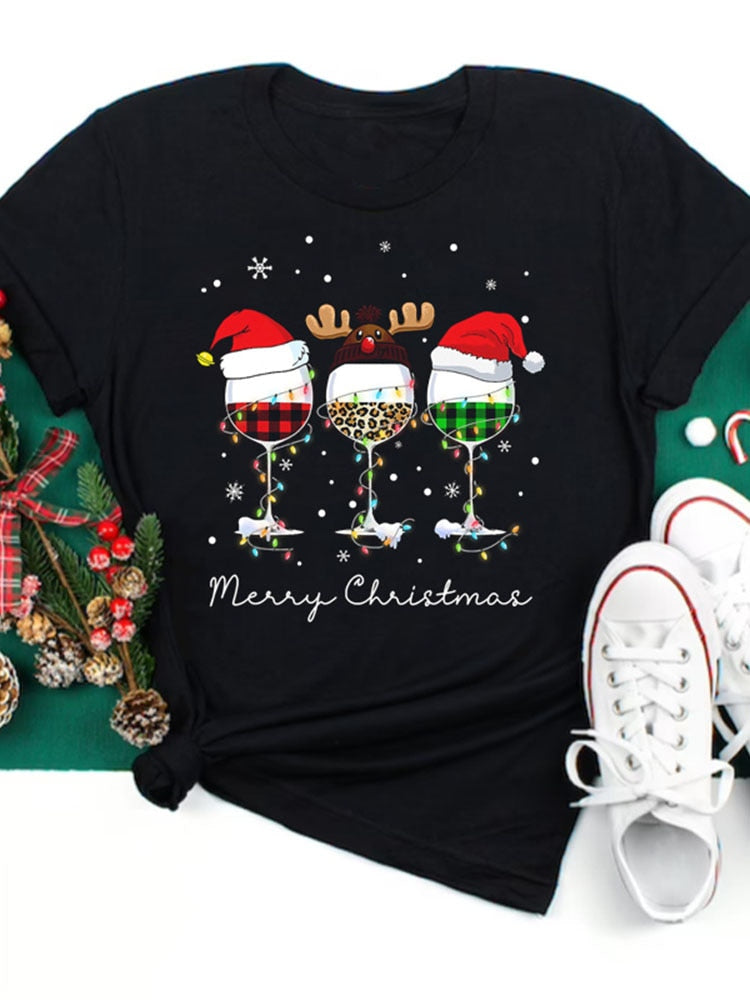 OHS seasonal T1064M-Black / S Women Wine Glass Christmas  T Shirt Christmas Xmas Gifts