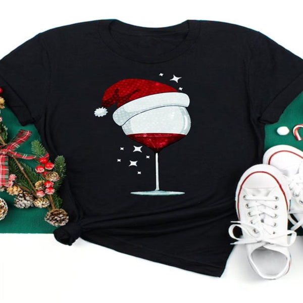 Oh Saucy seasonal T1064N-Black / S Women Wine Glass Christmas  T Shirt Christmas Xmas Gifts