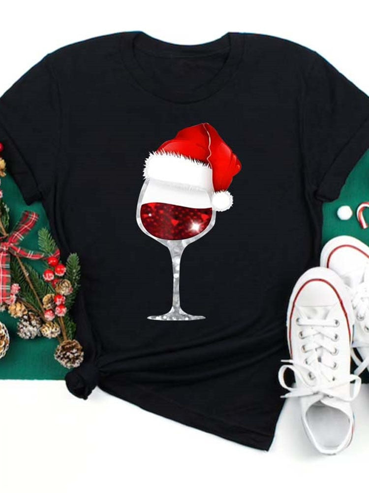 OHS seasonal T1064O-Black / S Women Wine Glass Christmas  T Shirt Christmas Xmas Gifts